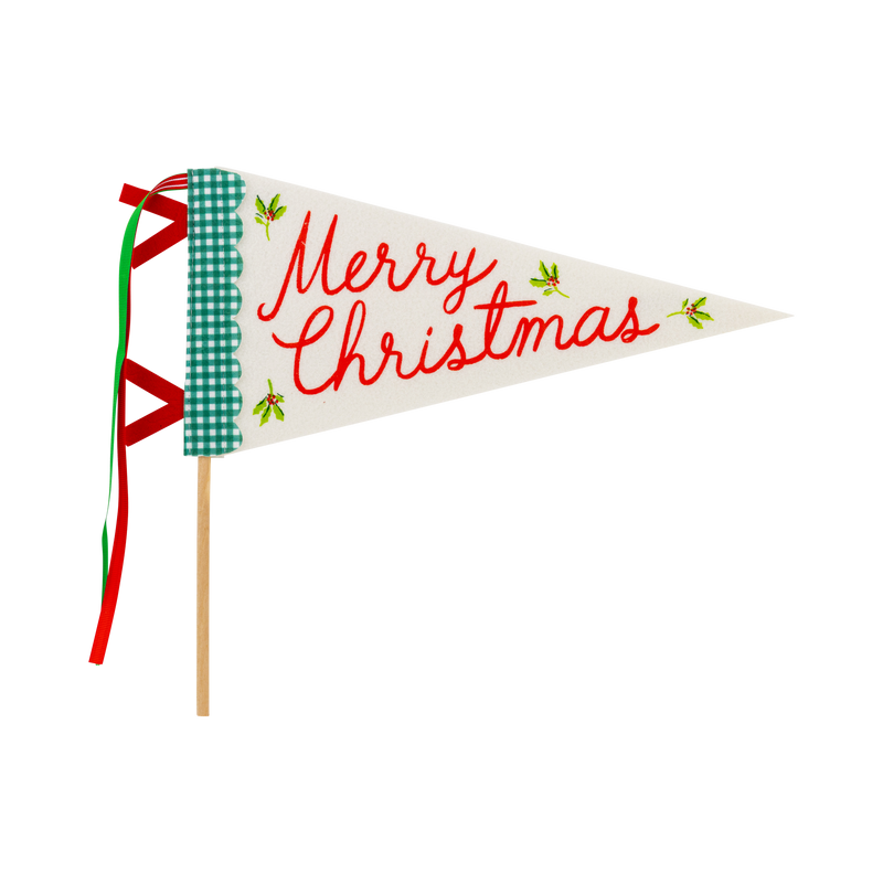 Cream felt "Merry Christmas" pennant flag on a wooden dowel with green and red screenprint on a white background.