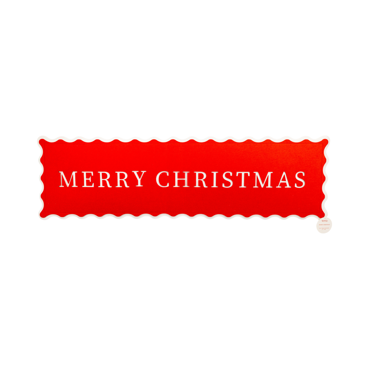Red and cream "Merry Christmas" felt table runner shown flat, showing the layered lettering and wavy edge.