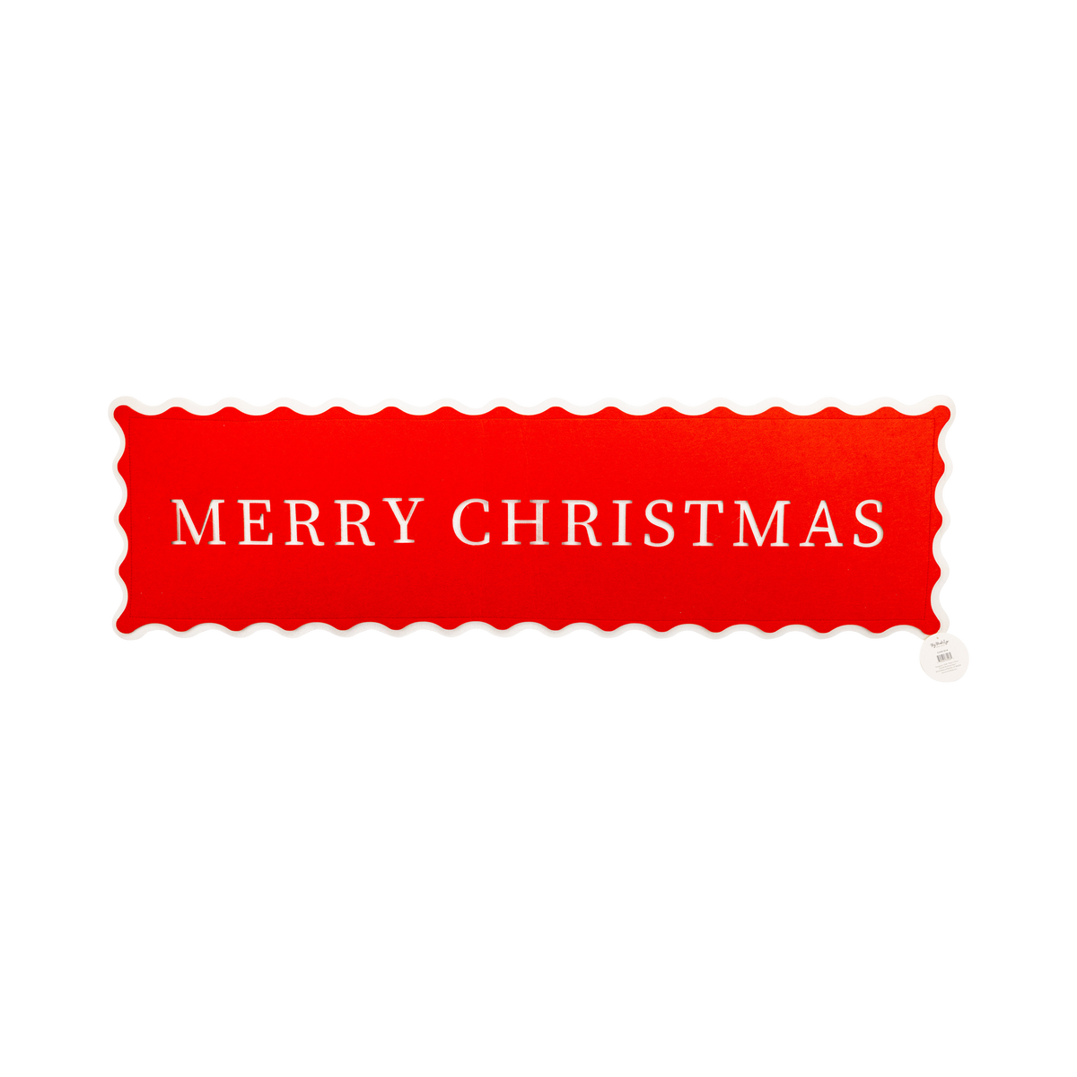Red and cream felt "Merry Christmas" table runner with a wavy cream edge on a white background.