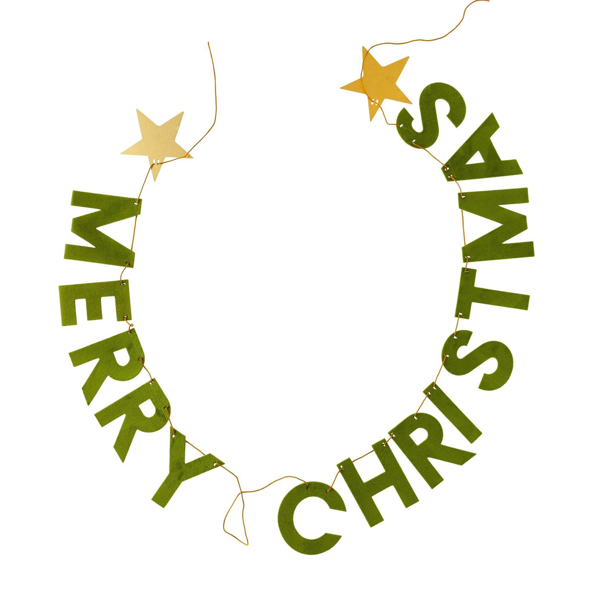 Close-up of the green flocked MERRY CHRISTMAS letters with die-cut metal stars