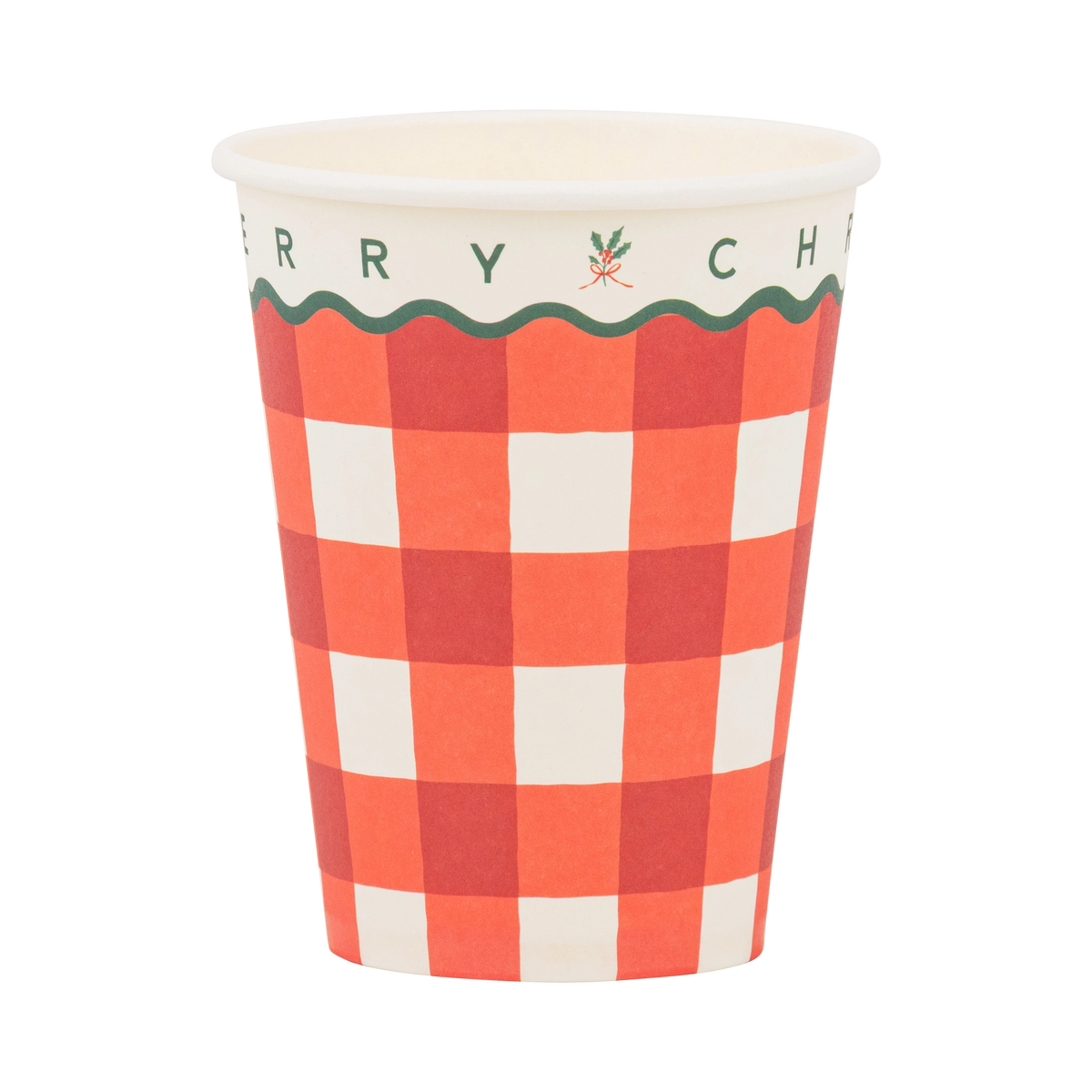 Red and cream gingham to-go cup with green accents and "Merry Christmas" on the front.