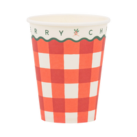 Red and cream gingham to-go cup with green accents and "Merry Christmas" on the front.