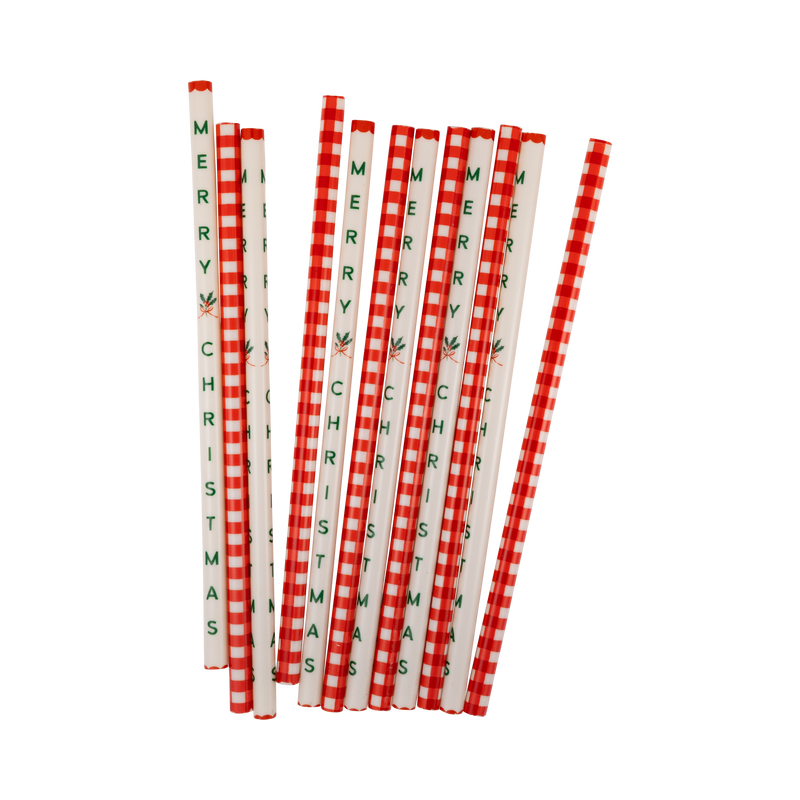 Twelve red and cream gingham "Merry Christmas" reusable straws in two designs on a white background.