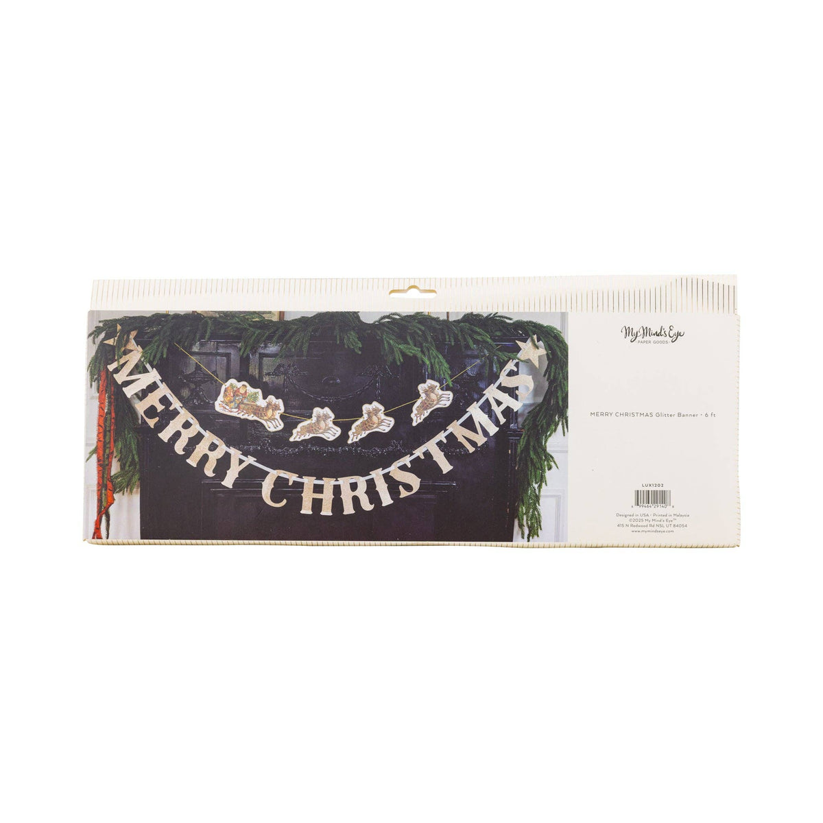 Merry Christmas gold glitter chipboard banner shown folded in packaging