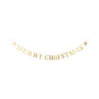 Merry Christmas gold glitter banner hung on velvet ribbon