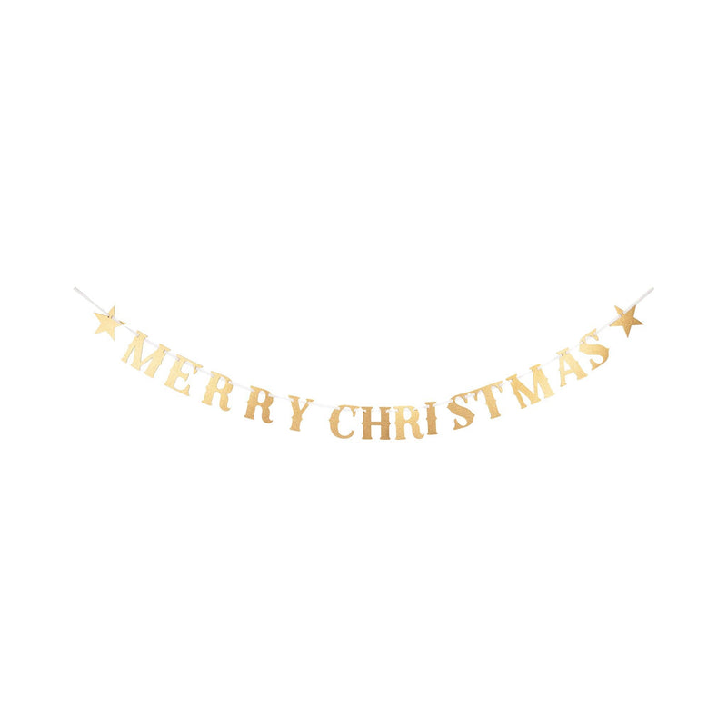 Merry Christmas gold glitter banner hung on velvet ribbon