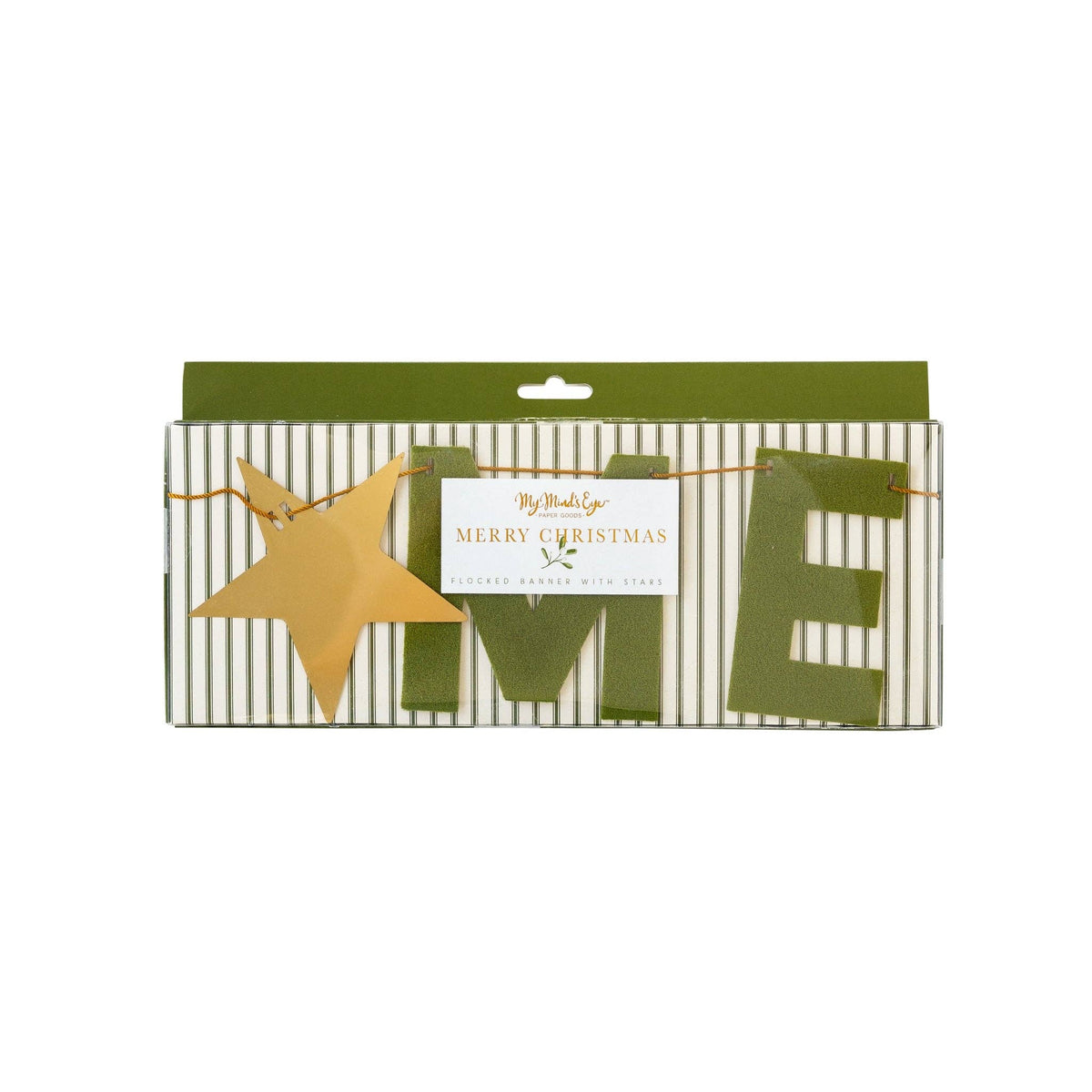 Merry Christmas green flocked letter banner folded in packaging
