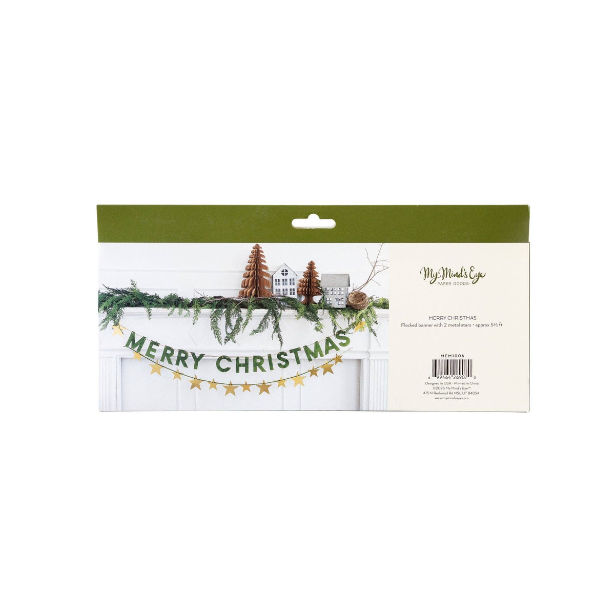 Merry Christmas metal stars banner shown in back packaging