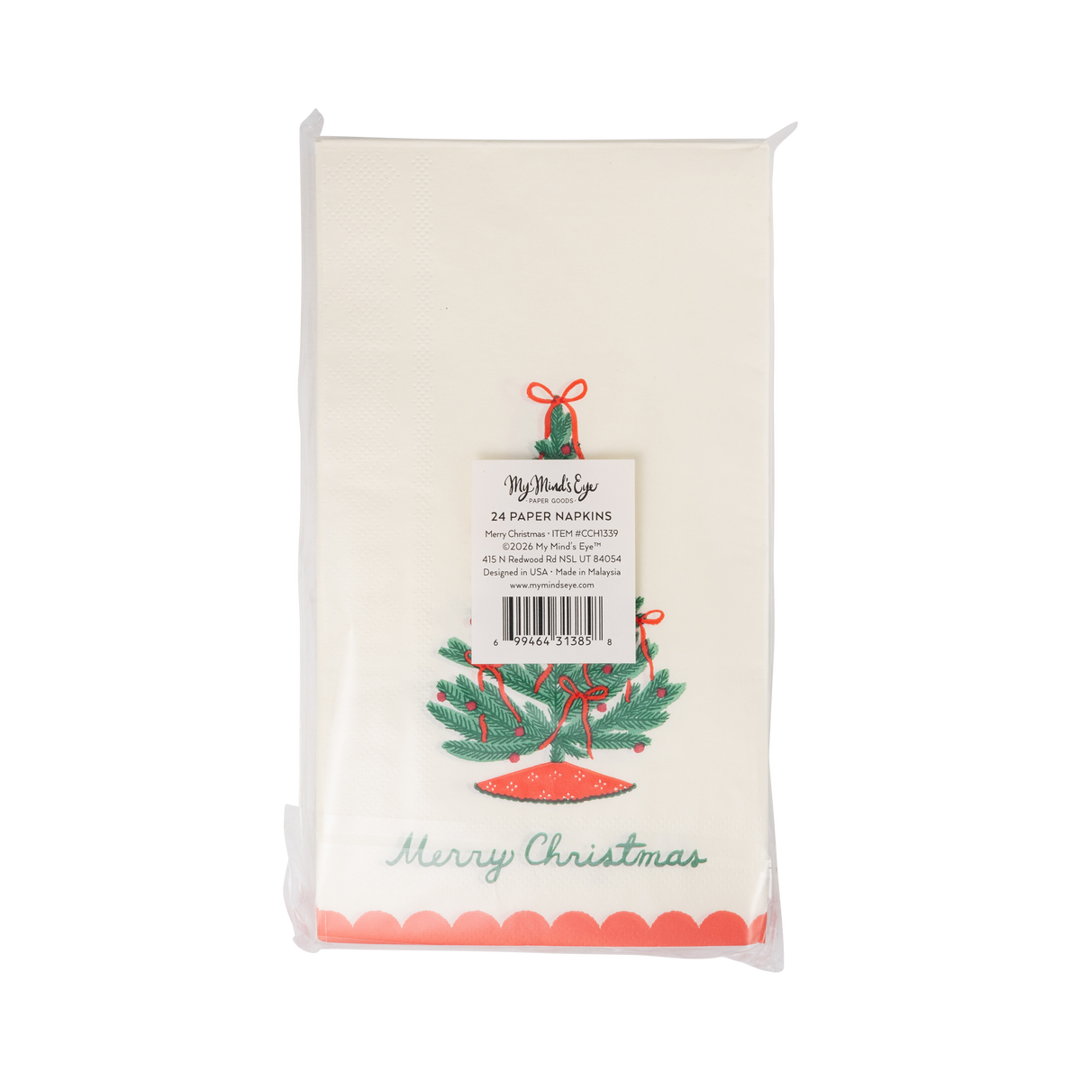 Back of the Merry Christmas napkins packaging showing the folded napkins and product label.