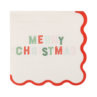 Merry Christmas cream paper cocktail napkin with red and green lettering and a red wavy edge
