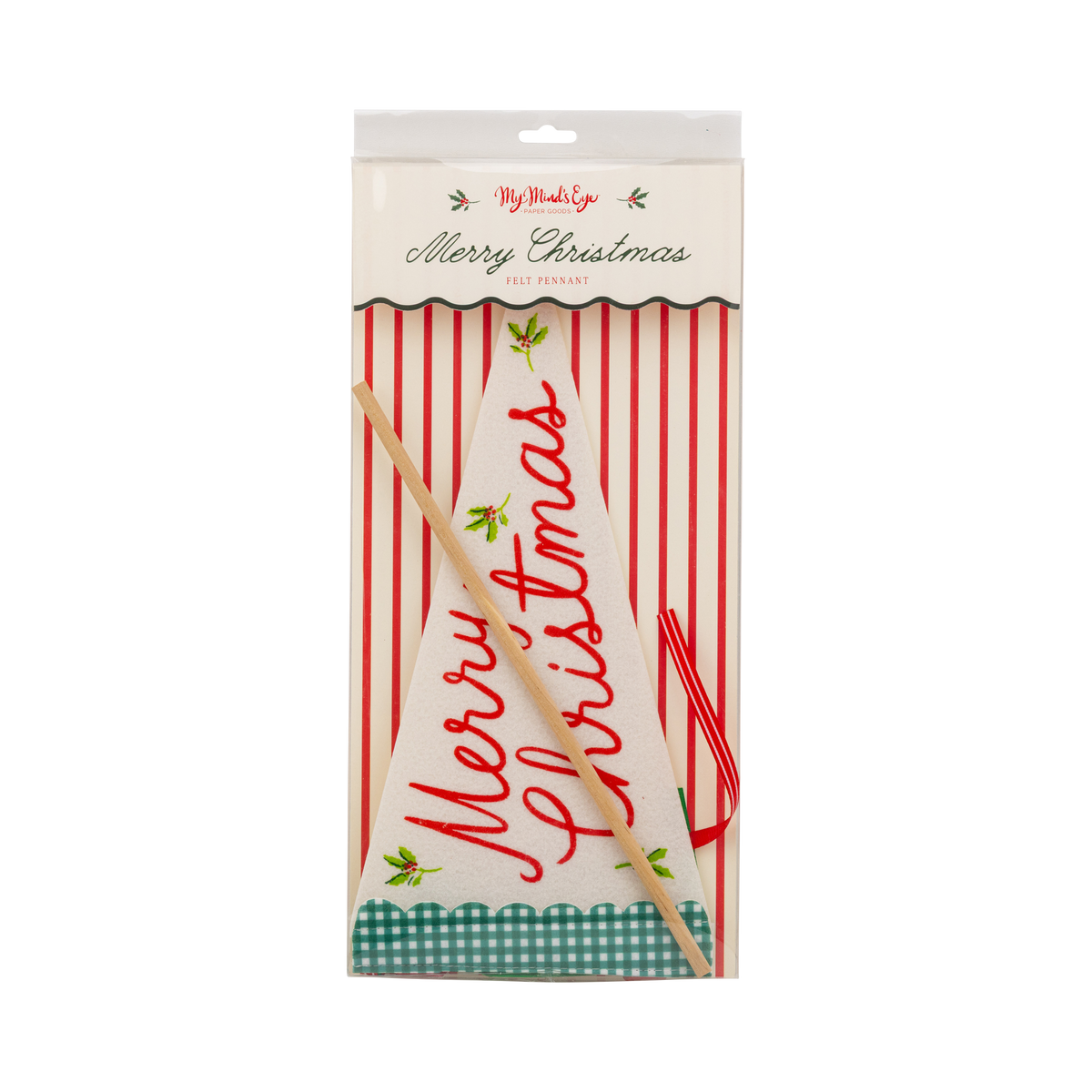 Packaging front for the felt pennant flag showing the pennant through the window.