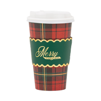 Merry Christmas plaid 16oz paper to go cup with a green scalloped sleeve and gold foil