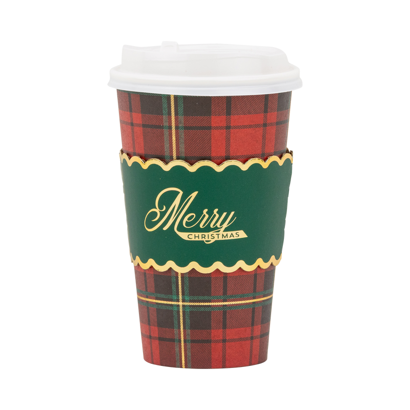 Merry Christmas plaid 16oz paper to go cup with a green scalloped sleeve and gold foil