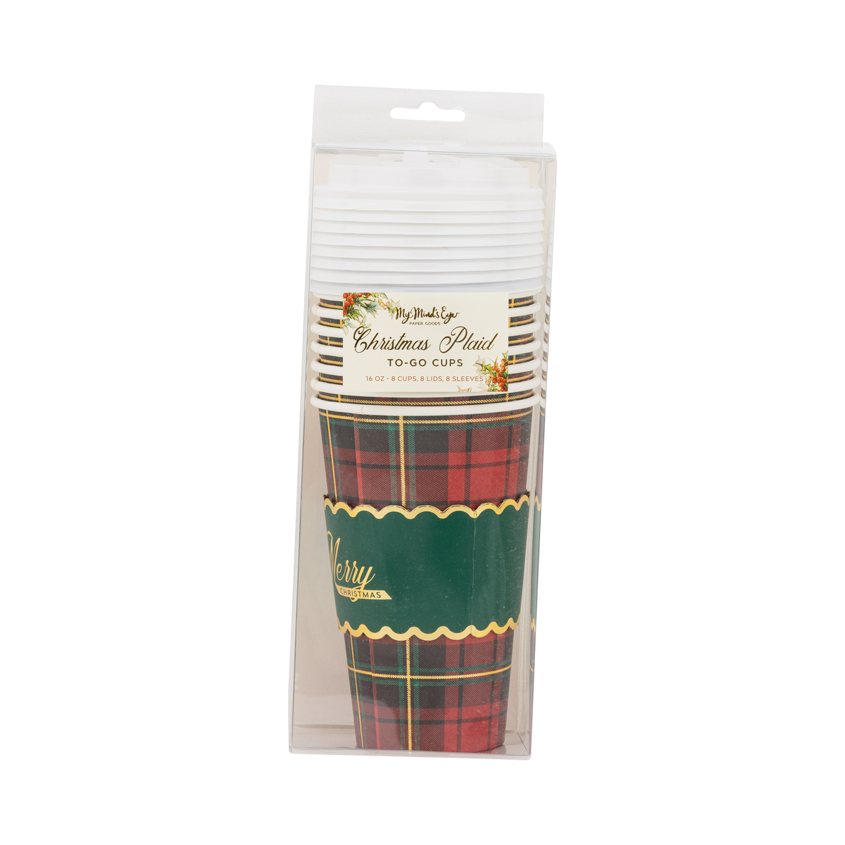 Merry Christmas plaid to go cups in retail packaging with header card