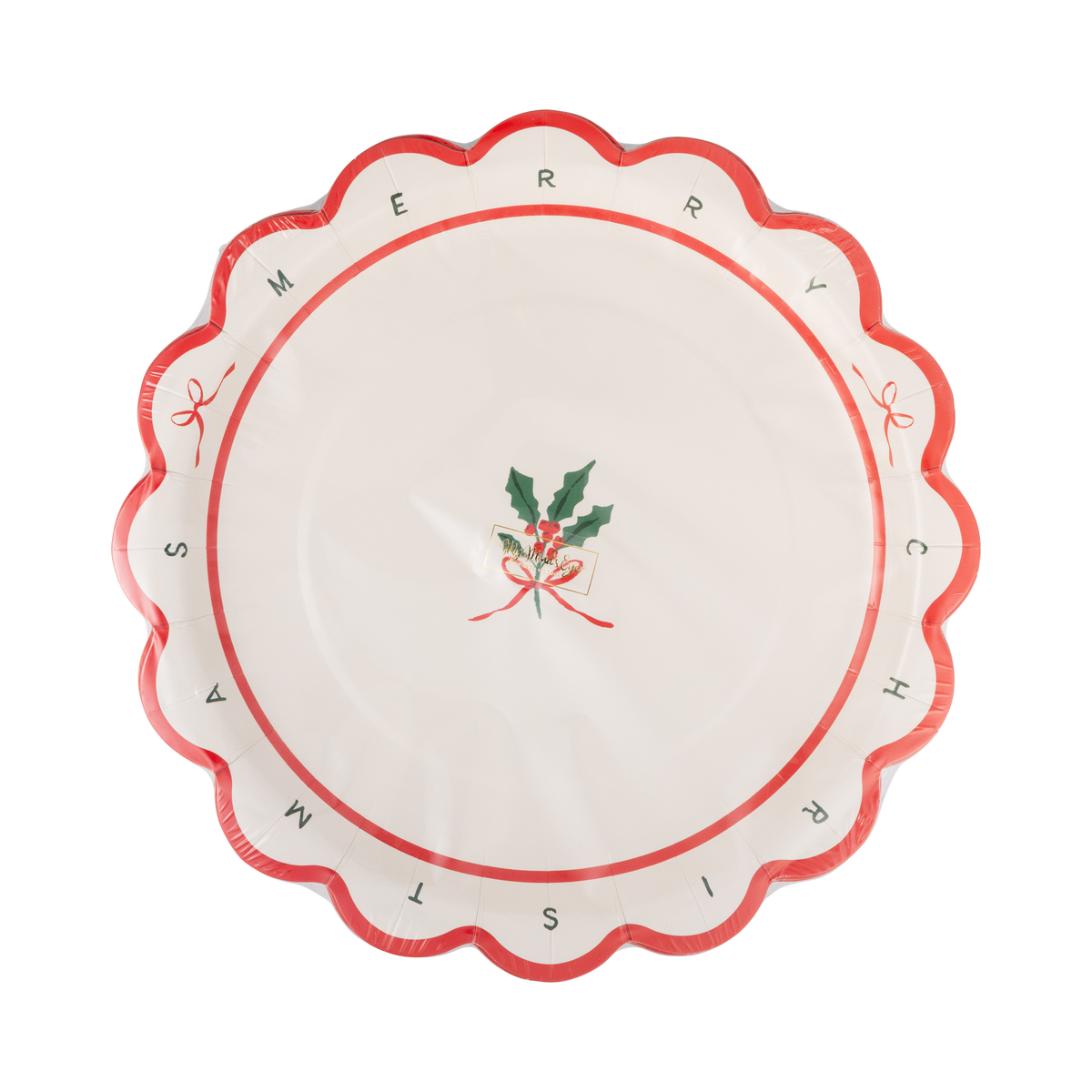 Cream "Merry Christmas" dessert plate shown at a slight angle, showing the holly design and dotted scalloped rim.