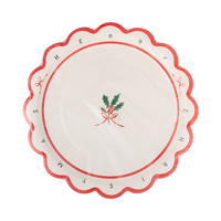 Cream "Merry Christmas" dessert plate shown at a slight angle, showing the holly design and dotted scalloped rim.