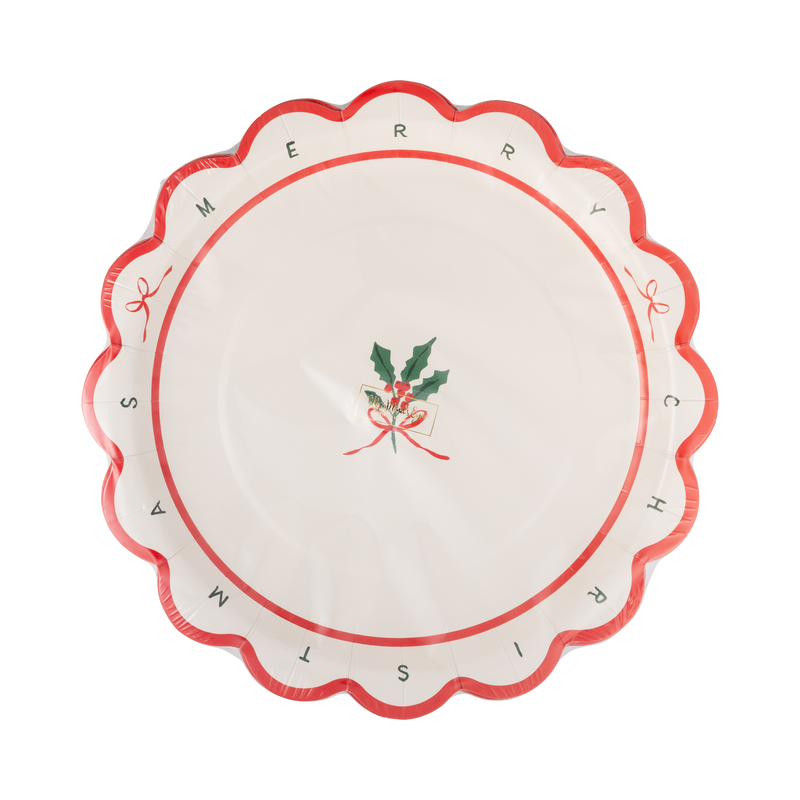 Cream "Merry Christmas" dessert plate shown at a slight angle, showing the holly design and dotted scalloped rim.
