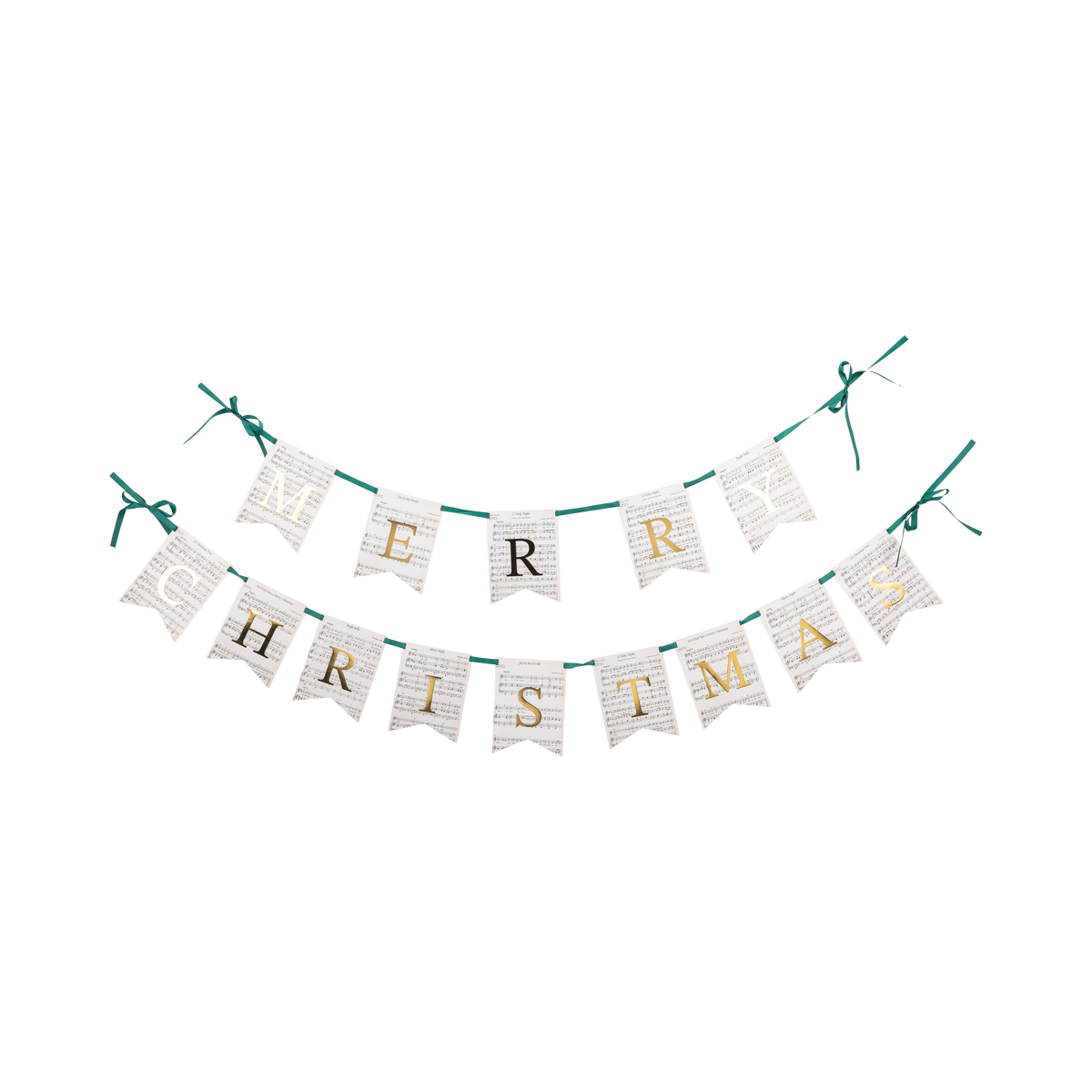 Merry Christmas sheet music paper banner with gold foil lettering shown flat