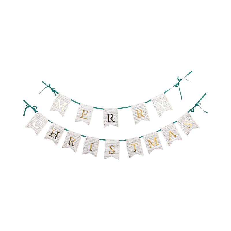 Merry Christmas sheet music paper banner with gold foil lettering shown flat