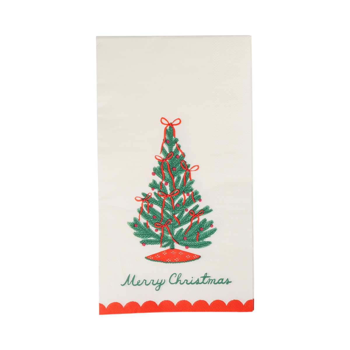 Cream paper dinner napkin with a red and green Christmas tree, "Merry Christmas" lettering, and a red scalloped edge.