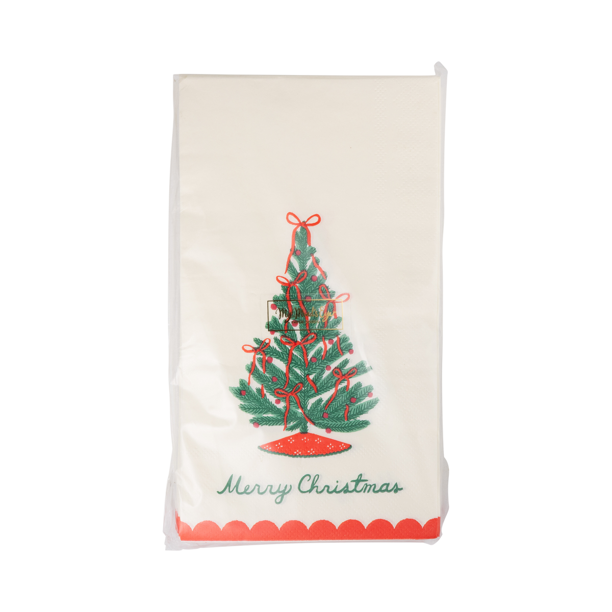 Cream Christmas tree napkin shown flat, showing the tree illustration and red scalloped edge.