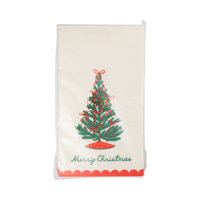 Cream Christmas tree napkin shown flat, showing the tree illustration and red scalloped edge.
