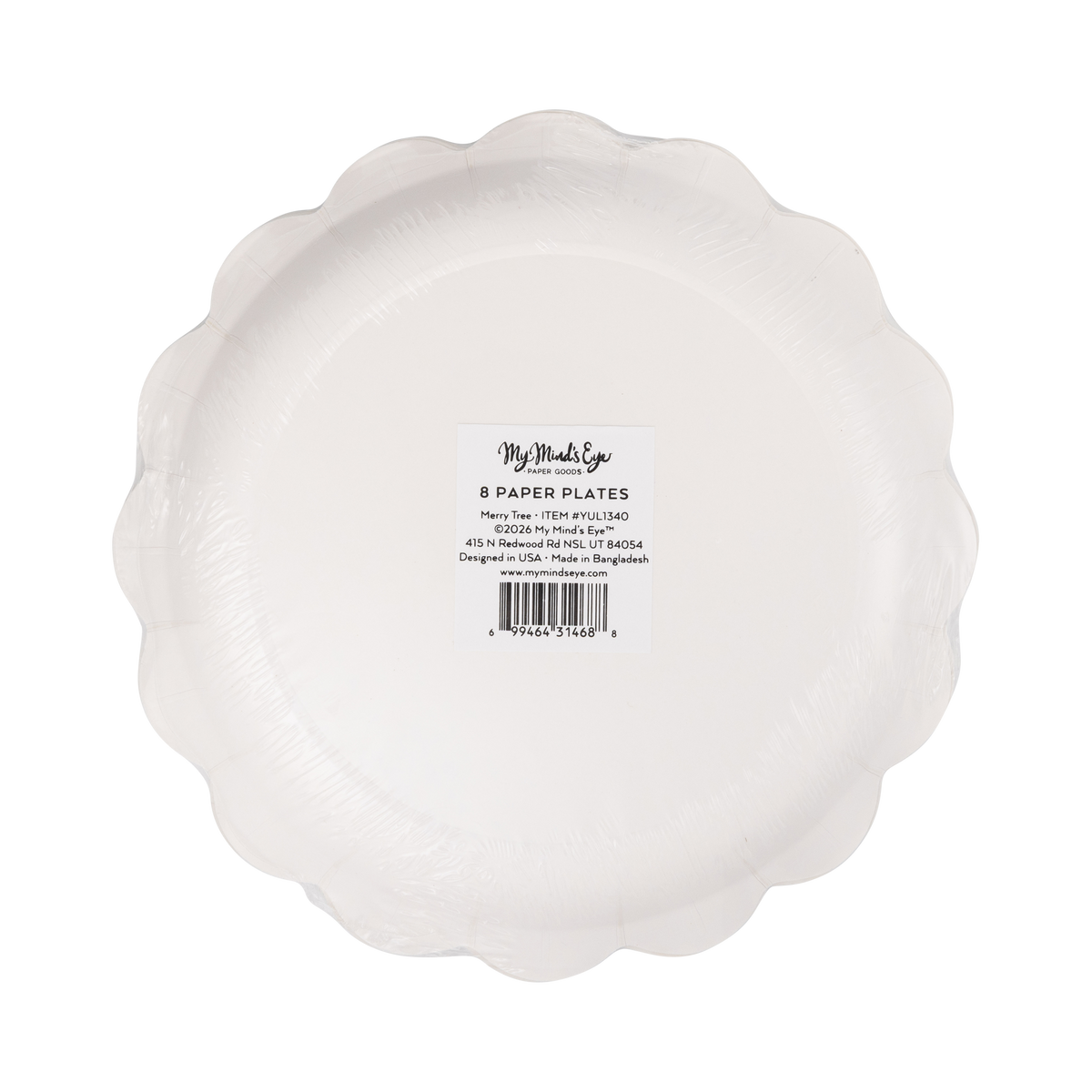 Back of a pack of 8 scalloped Christmas paper plates in clear packaging
