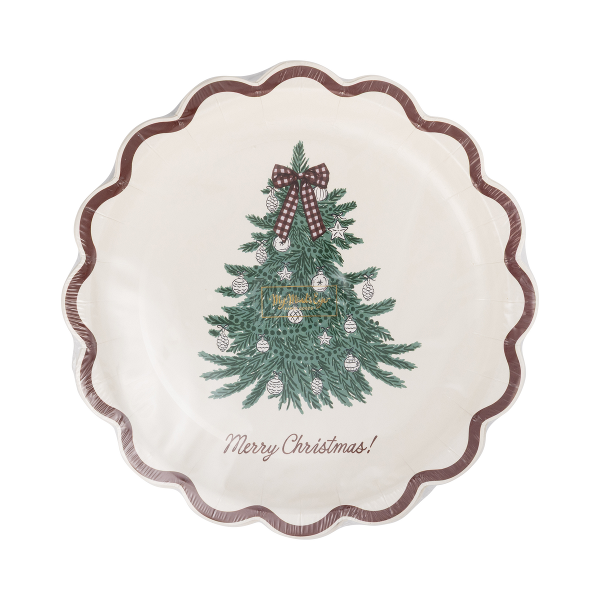 Pack of 8 Merry Christmas tree scalloped paper plates in clear packaging, front view