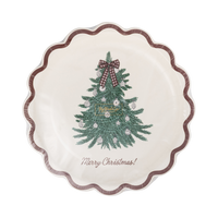 Pack of 8 Merry Christmas tree scalloped paper plates in clear packaging, front view