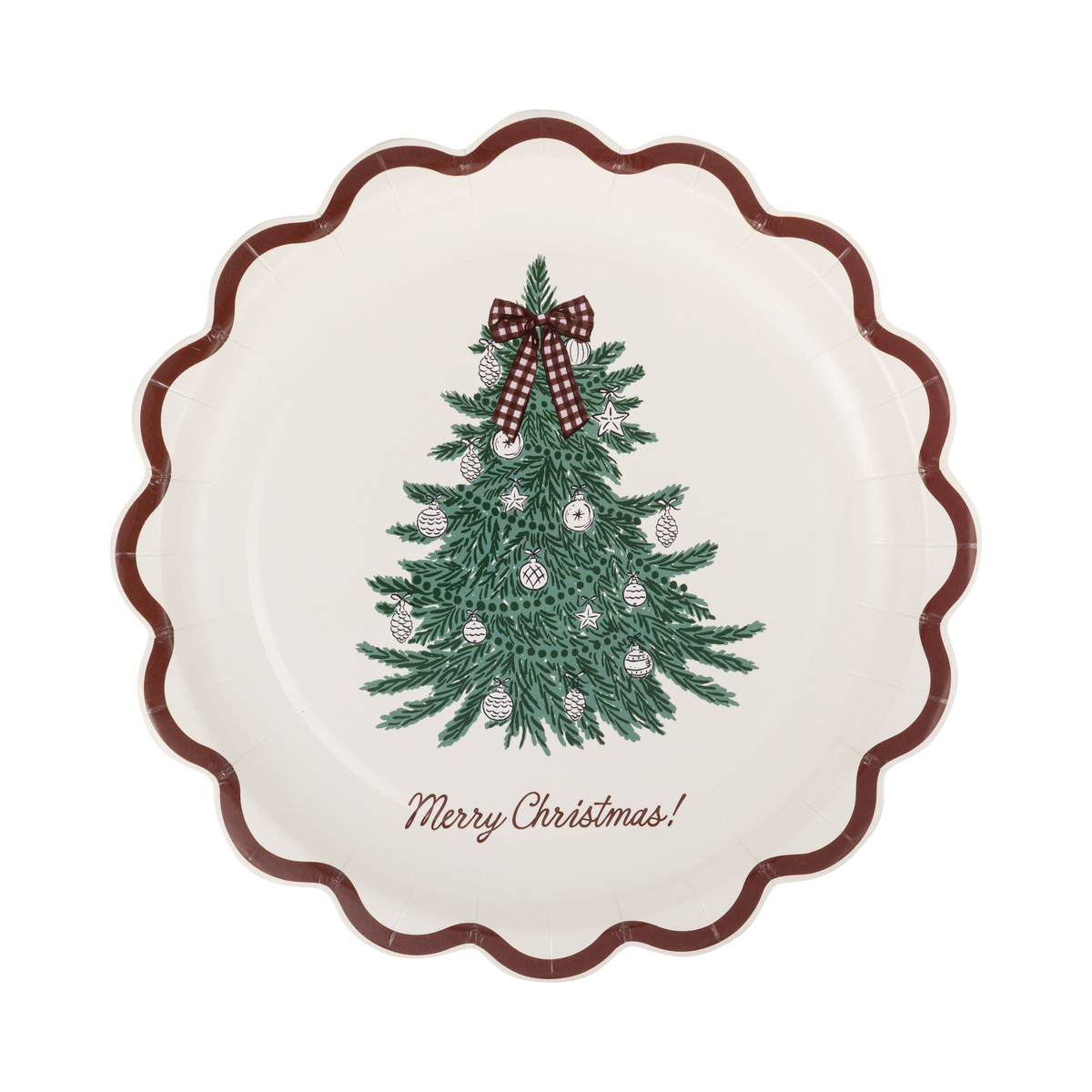 Cream paper plate with a green Christmas tree, gingham bow, and red Merry Christmas script inside a wavy red scalloped edge