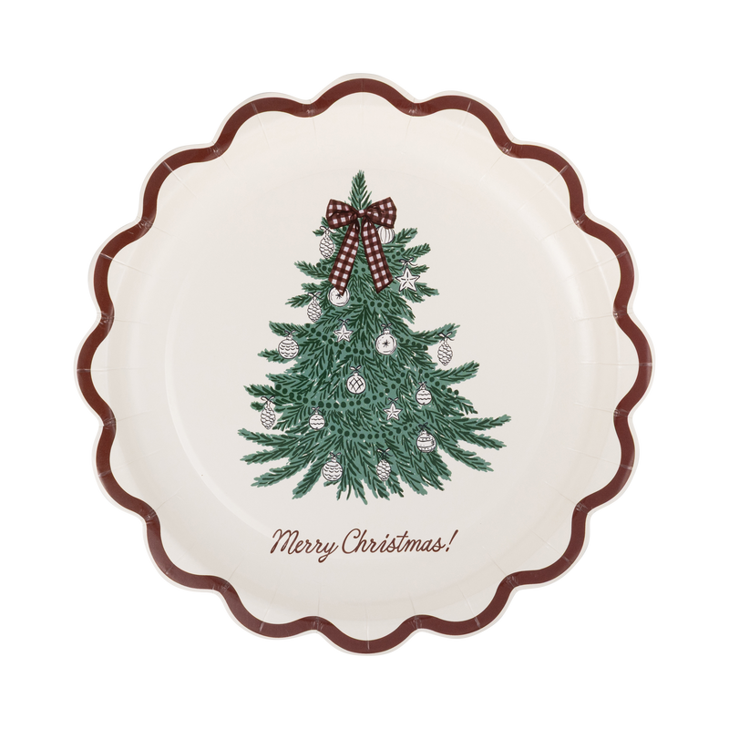 Cream paper plate with a green Christmas tree, gingham bow, and red Merry Christmas script inside a wavy red scalloped edge