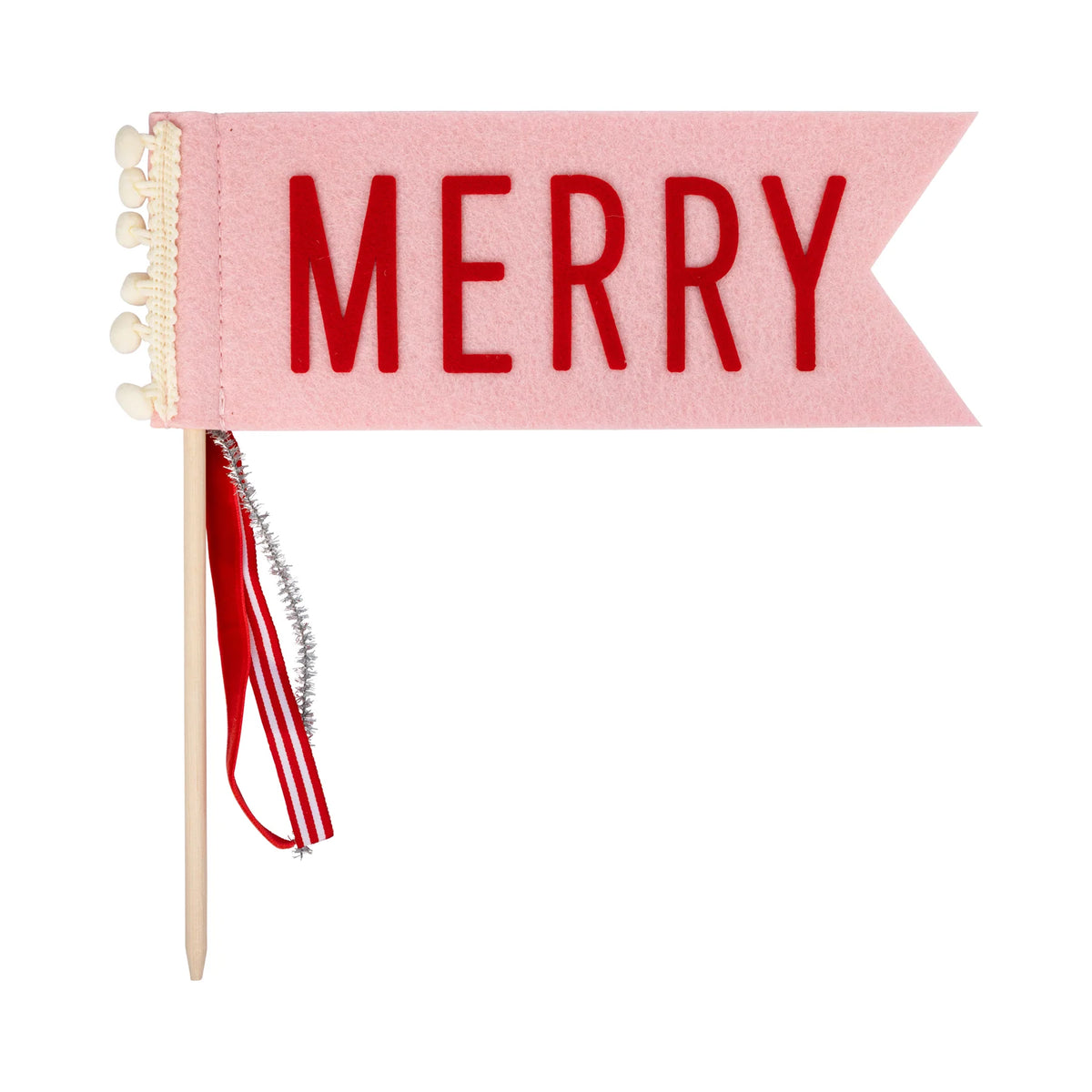 “Pink ‘Merry’ felt pennant with pom trim and ribbon tails on wood dowel.