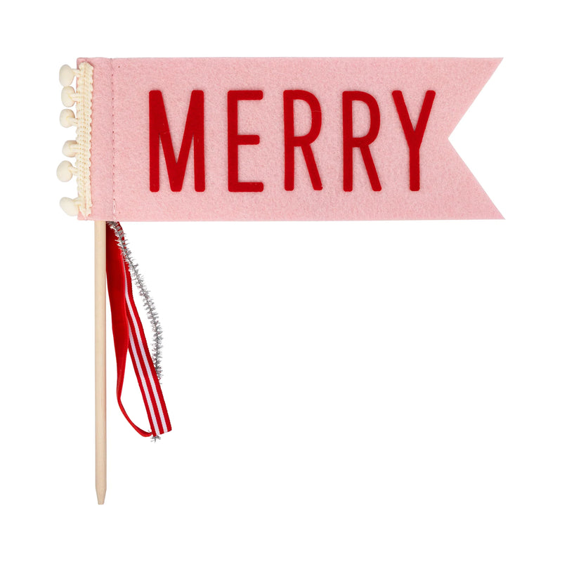 “Pink ‘Merry’ felt pennant with pom trim and ribbon tails on wood dowel.