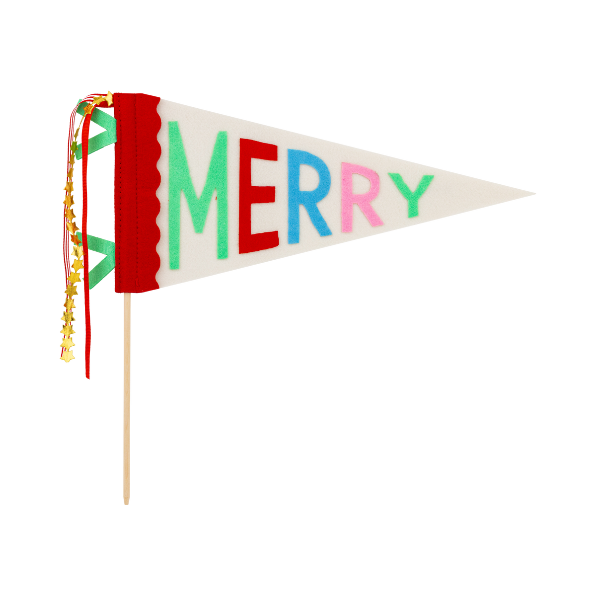 MERRY felt pennant with multicolor layered felt letters, red scalloped band, ribbons, and gold star string on a wooden dowel