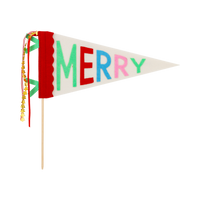 MERRY felt pennant with multicolor layered felt letters, red scalloped band, ribbons, and gold star string on a wooden dowel
