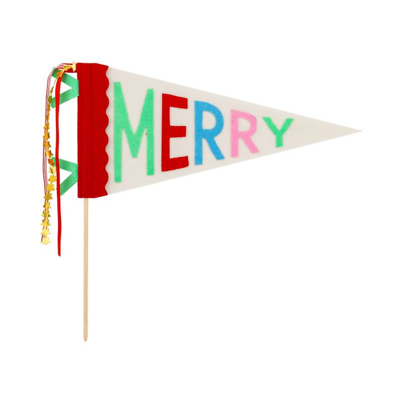 MERRY felt pennant with multicolor layered felt letters, red scalloped band, ribbons, and gold star string on a wooden dowel