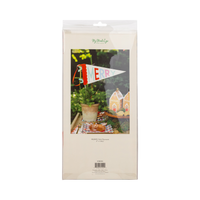 Back of MERRY felt pennant package with photo of the pennant in a potted tree