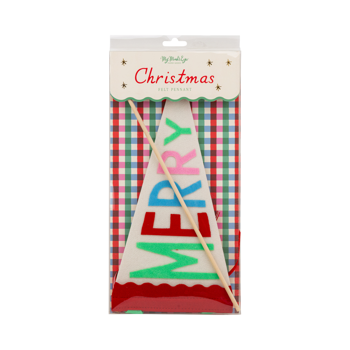 MERRY felt pennant and wooden dowel in retail package with gingham backing