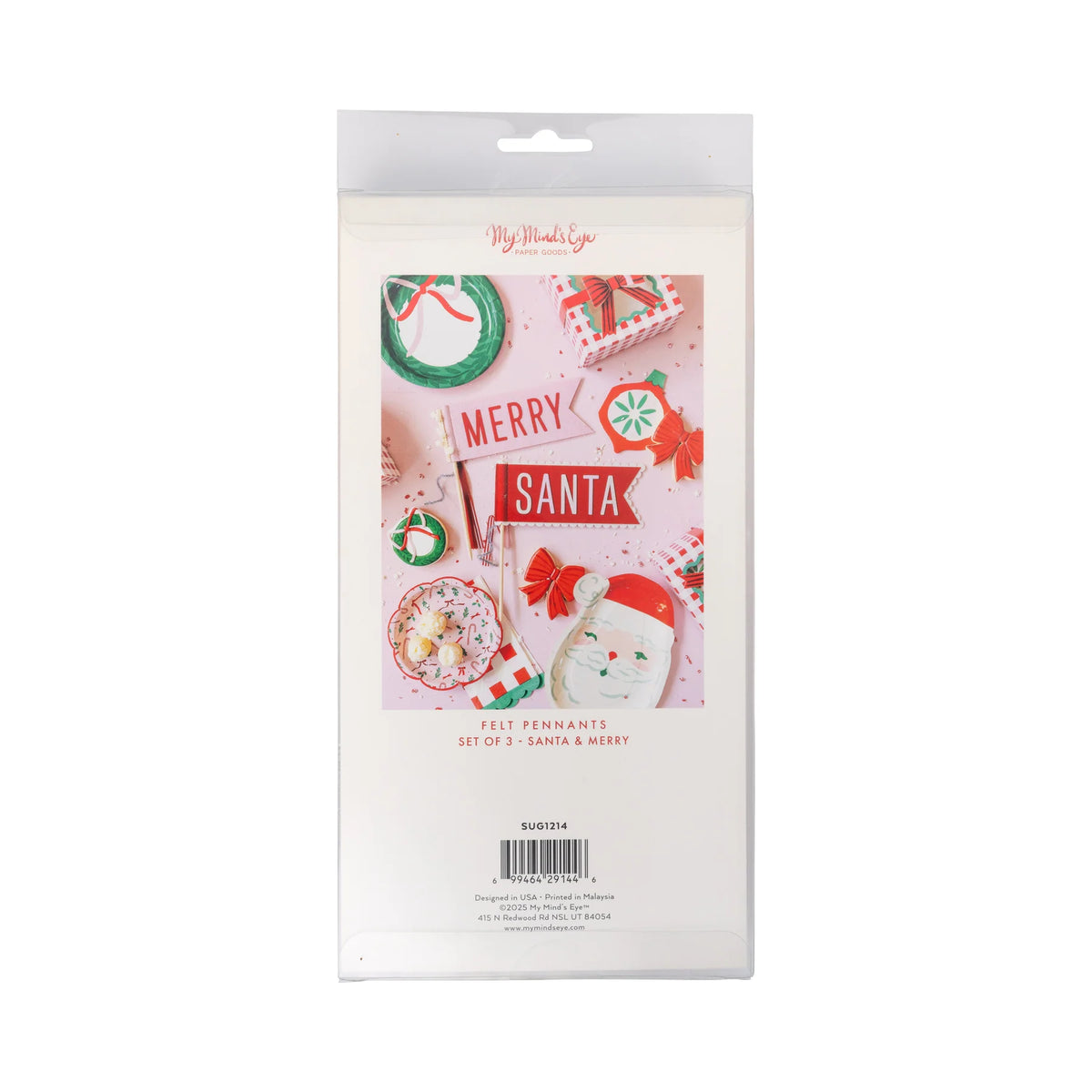 Retail packaging showing Merry and Santa felt pennants with ribbons and dowels.