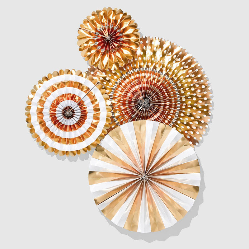 A set of four metallic gold foil paper fans in assorted sizes and patterns including stripes and polka dots.