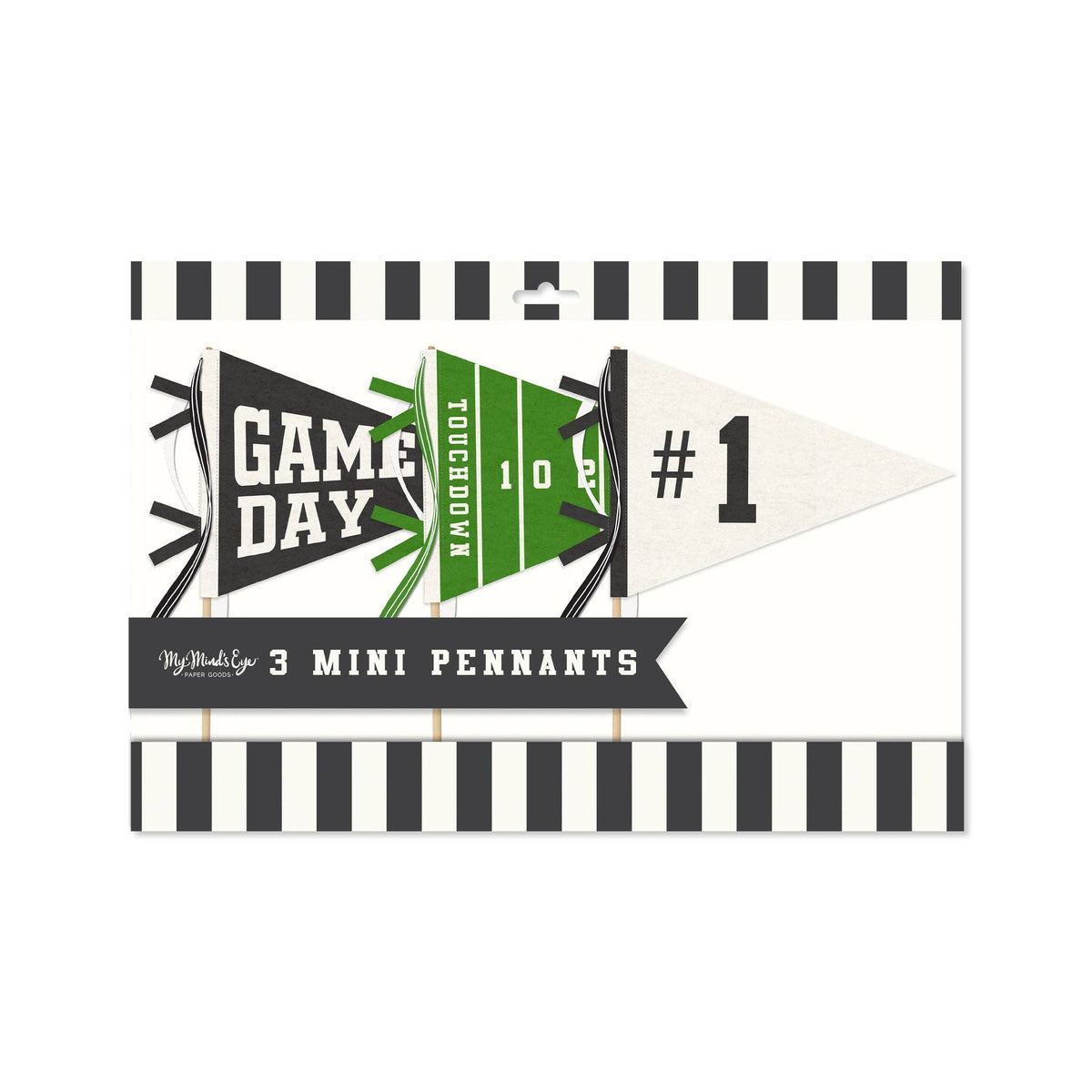 Set of 3 mini felt football pennants on a striped backer card: black GAME DAY, green field, and cream #1