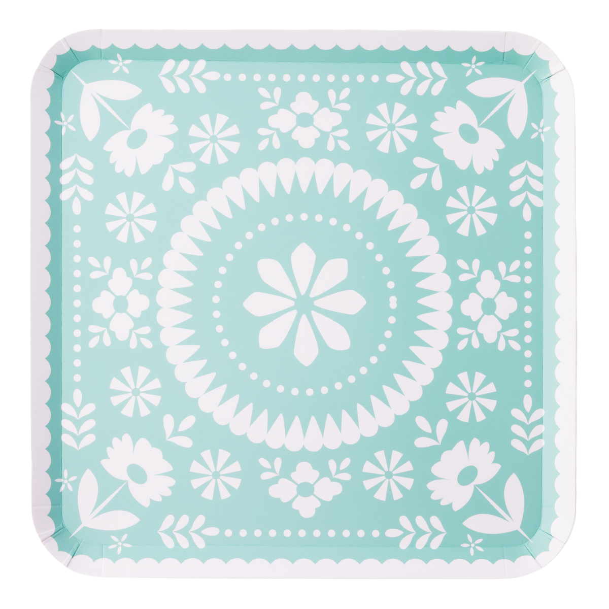 mint green fiesta party plate with circular floral folk pattern
