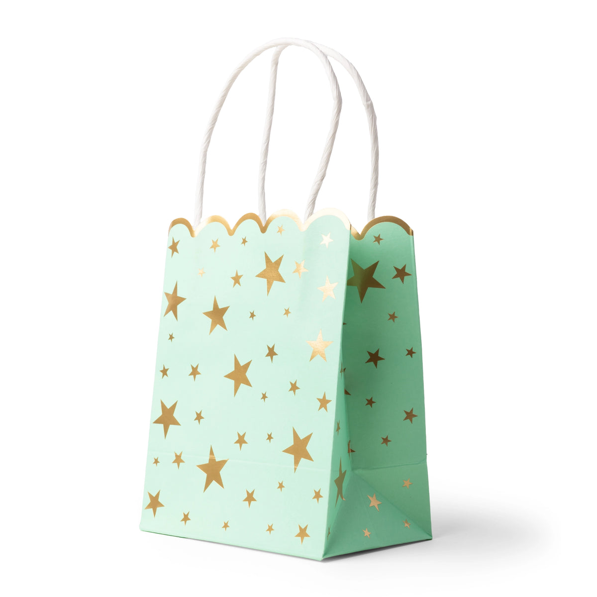 Mint favor bag, three-quarter view, scattered with gold-foil stars and topped with a scalloped edge and white handles.