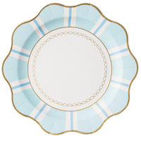 mint and blue regency stripe dinner plate with scalloped gold rim and bow details.
