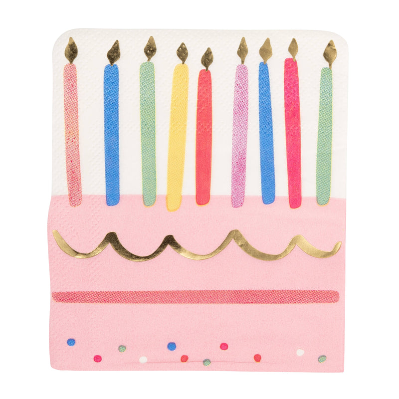 A single paper napkin with a pink cake and colorful candles featuring Gold Foil Luxe flames for a Dopamine Decor party.