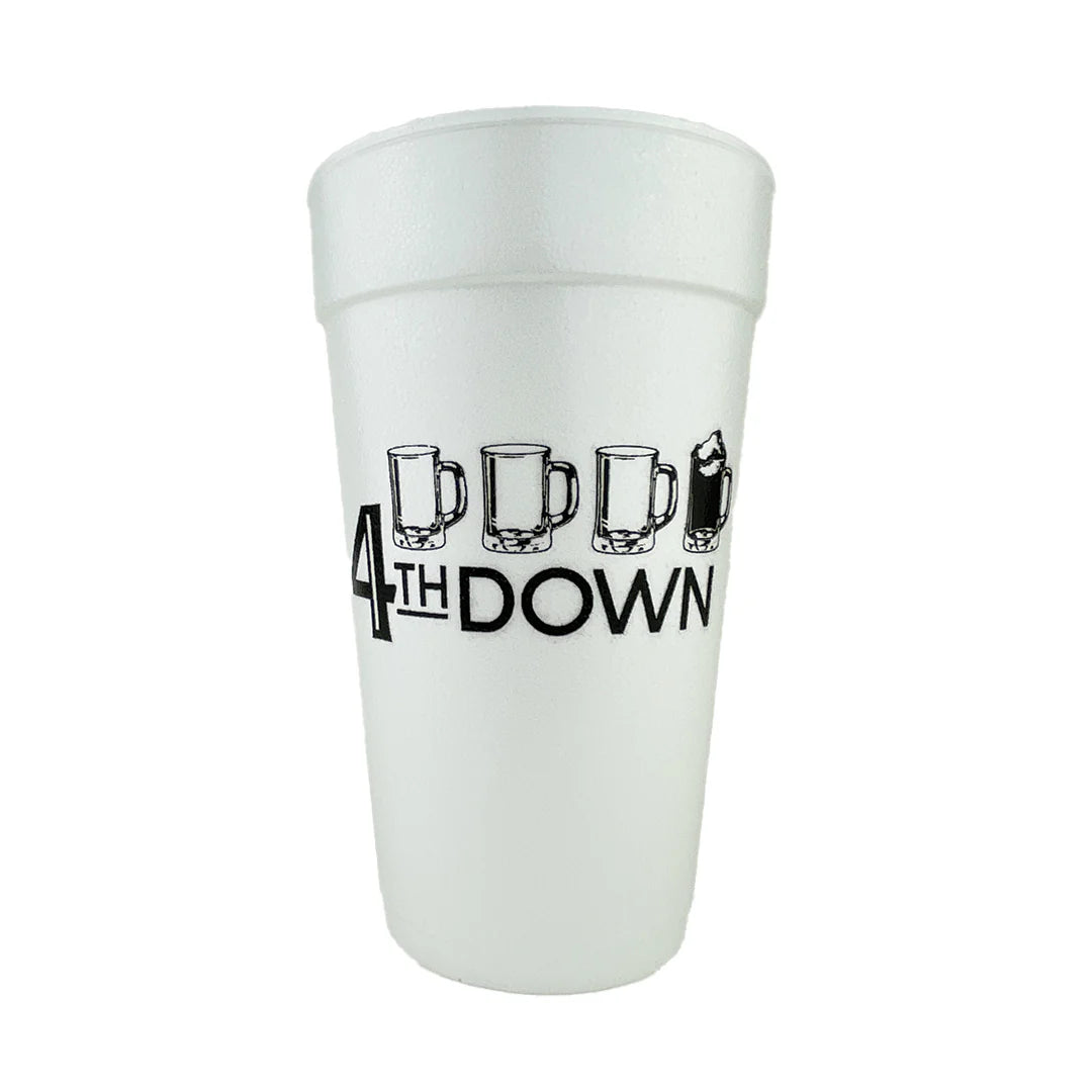 Single white foam cup with 4th DOWN design on a plain background.