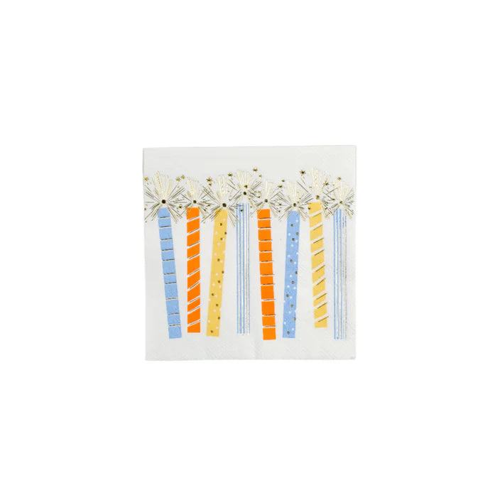 Single square beverage napkin featuring rows of pastel candles topped with tiny starbursts on a white background.