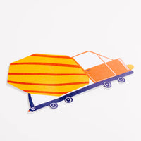 Close view of the orange truck with striped mixer drum on the sticker.