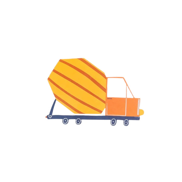 Isolated cement truck accent sticker on white background, front view.
