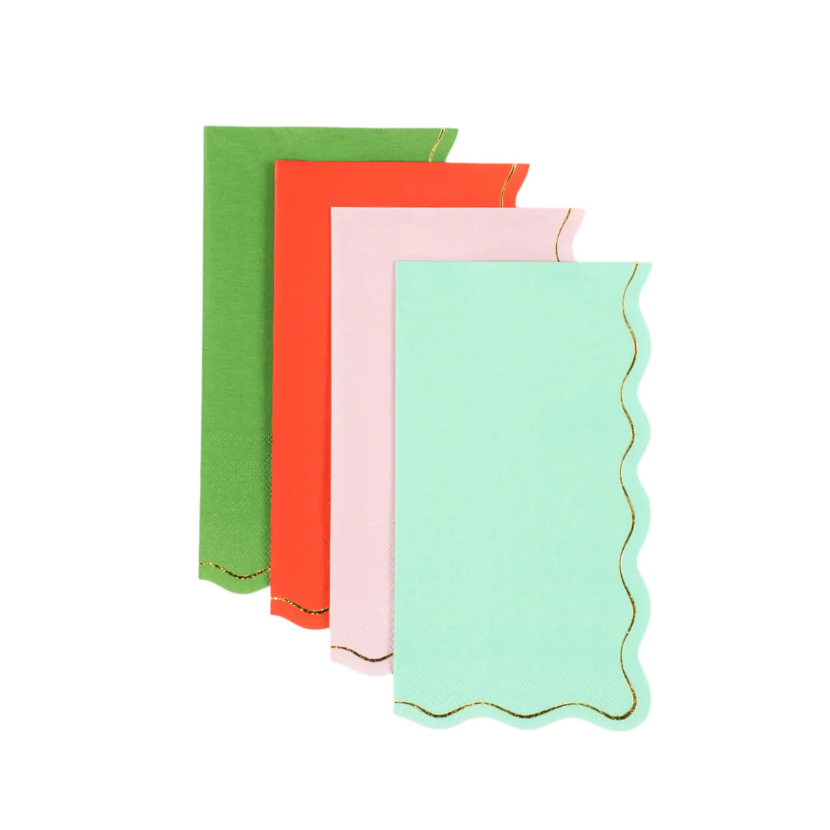 Product shot, four assorted guest towels fanned out to show colors and scallop.